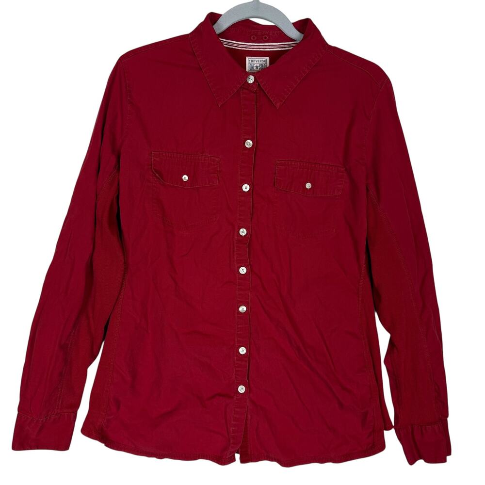 Converse One Star Western Shirt Womens 1 Red‎ Cotton Roll Tab Sleeve Button-Up
